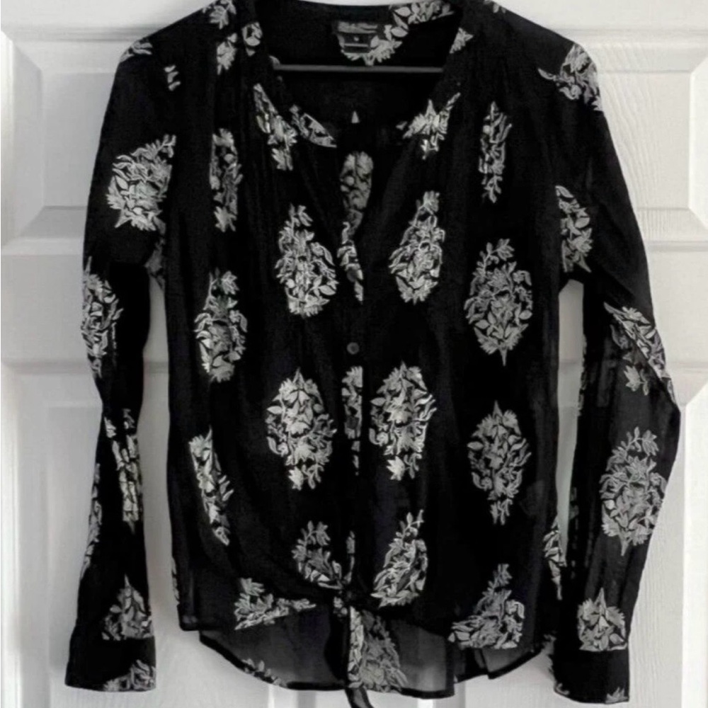 Lucky Brand relaxed tie front floral long sleeve button up sheer blouse black M